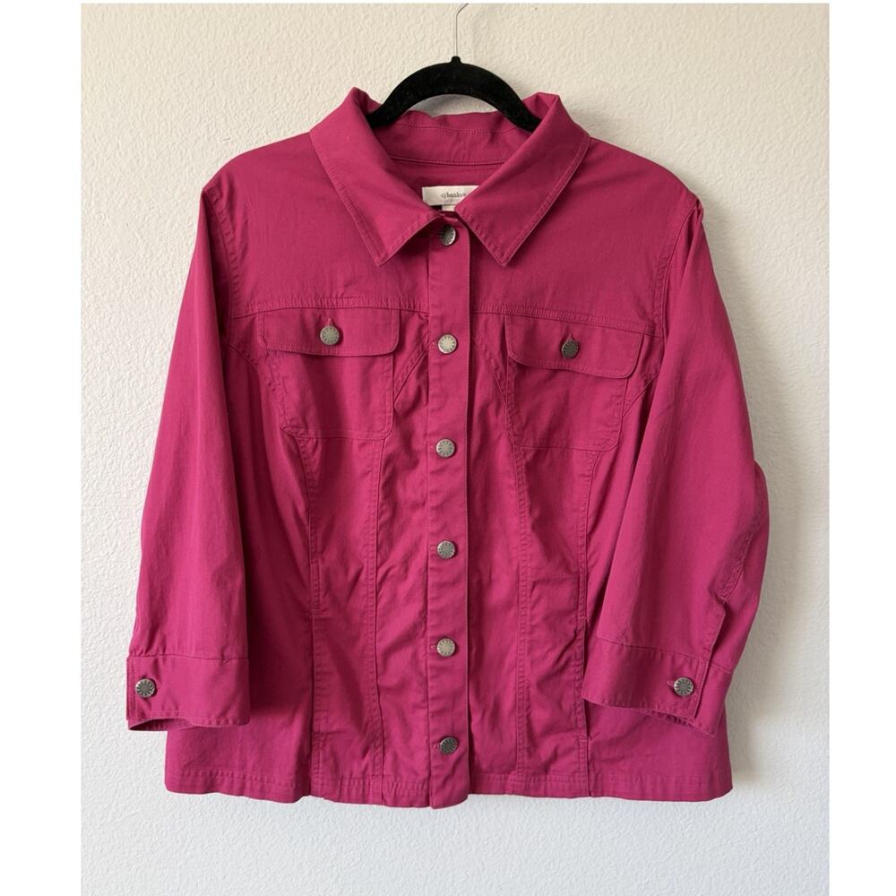 CJ Banks Women Size 1X Pink Button Up Collared Cotton Jacket Pockets 3/4 Sleeve